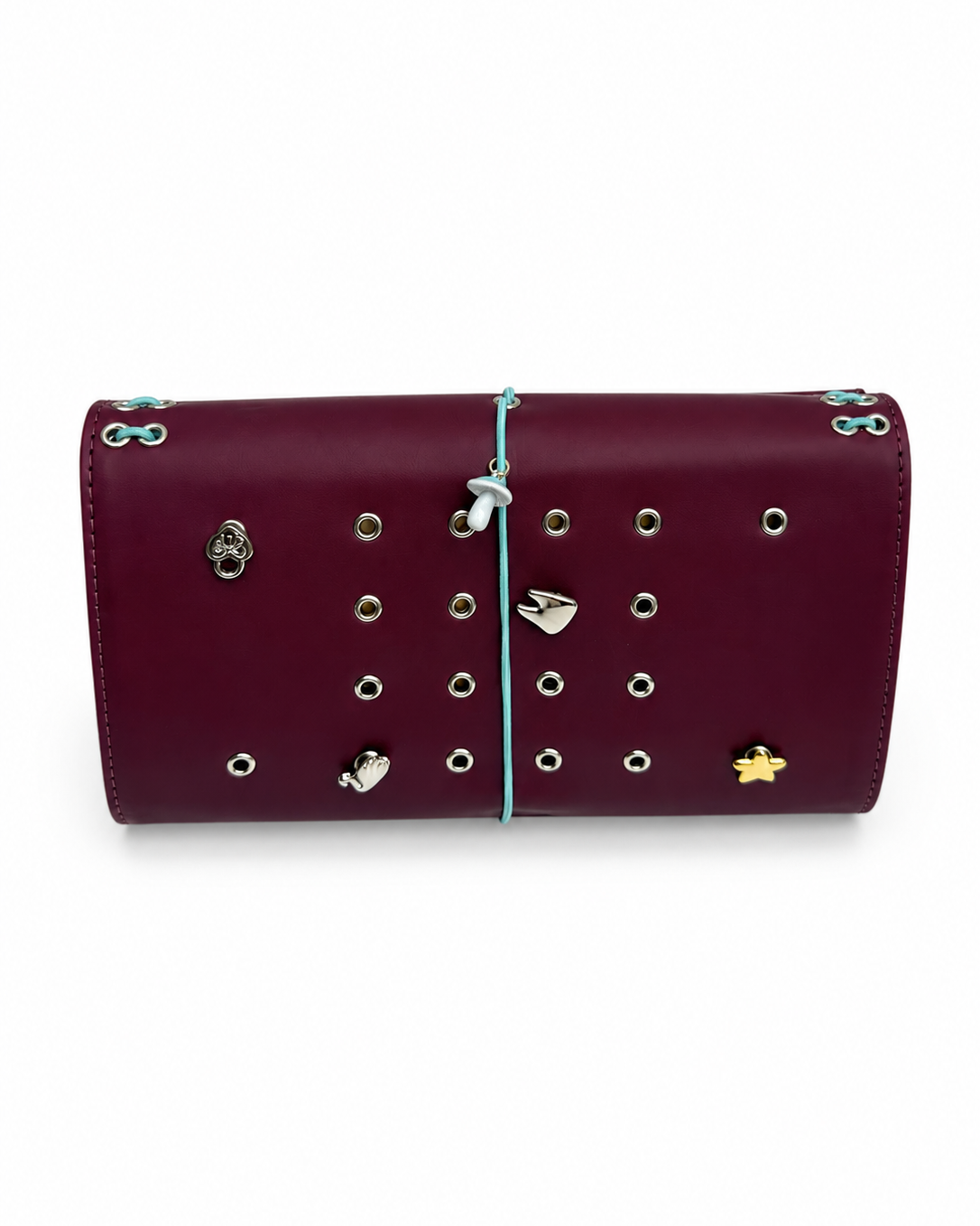 Burgundy full size journal displayed horizontally with a powder-blue elastic band, blue mushroom band charm, and removable KEPT cover charms.

