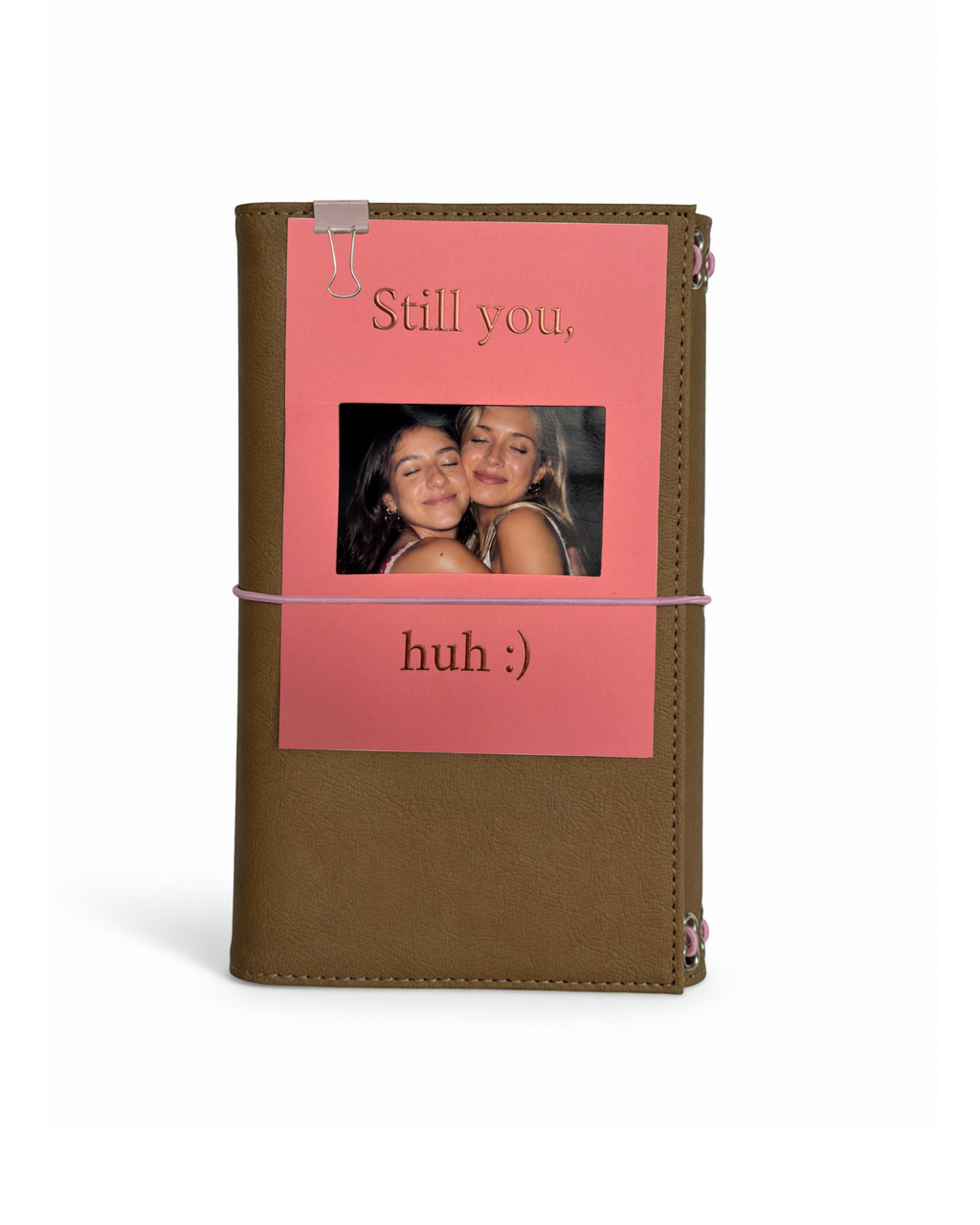 Back view of the Camel Radish full size journal styled with its “This Moment / Again & Again” gold-foil photo keepsake card.