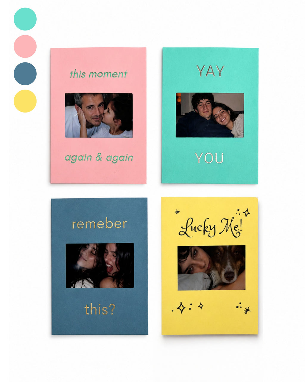 Four colorful KEPT photo keepsake cards in pink, teal, blue, and yellow, each featuring a personal photo and gold foil details.