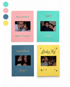 Four colorful KEPT photo keepsake cards in pink, teal, blue, and yellow, each featuring a personal photo and gold foil details.