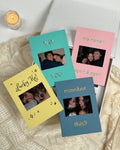 Four colorful KEPT photo keepsake cards with gold foil details and personal photos, styled inside an open gift box.