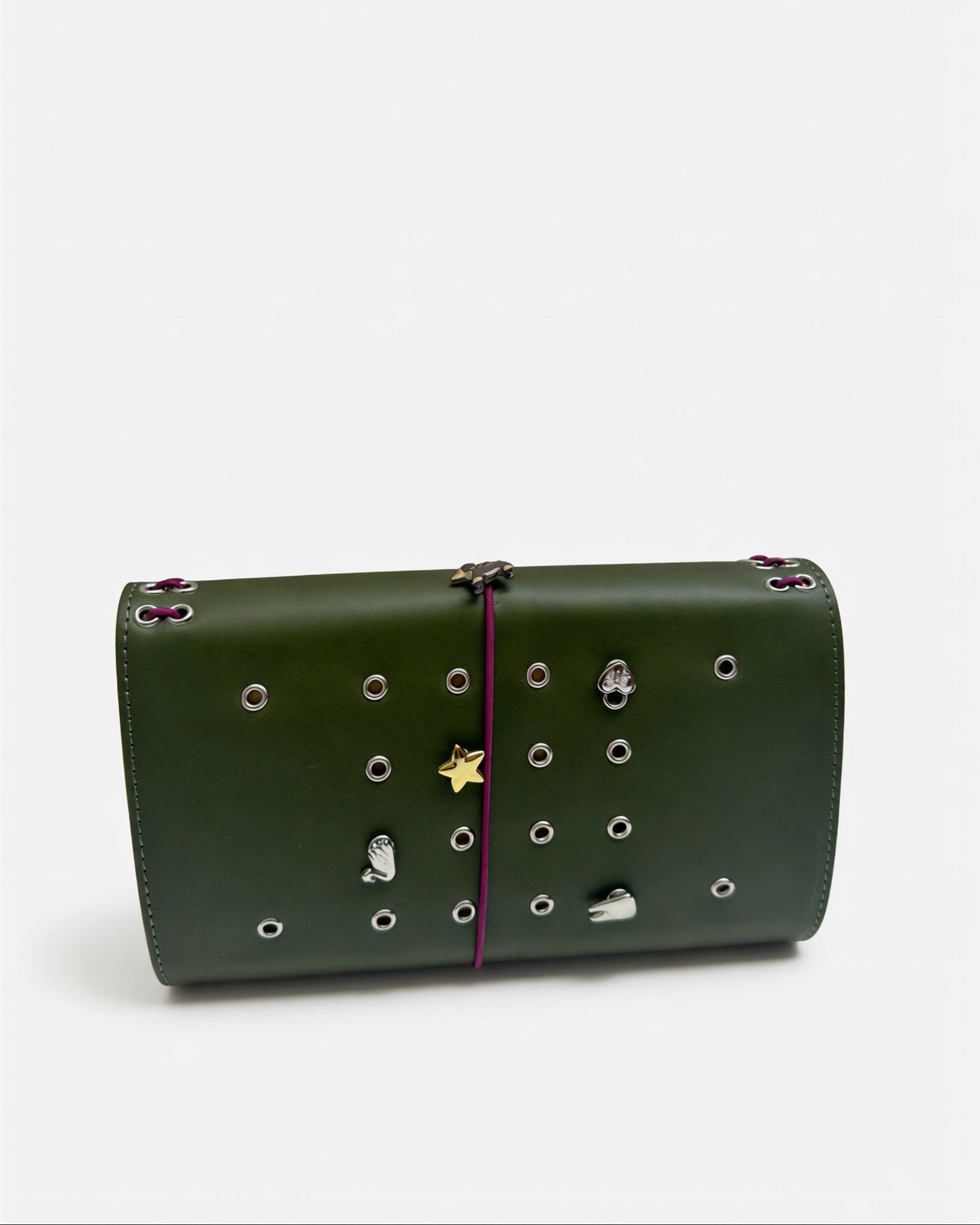 Olive full size journal displayed horizontally with a burgundy elastic band, dachshund charm, and removable KEPT cover charms.