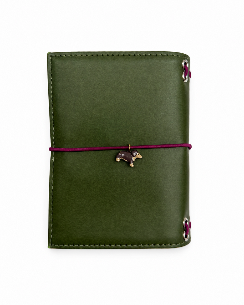 Back view of the Olive pocket journal with a burgundy elastic band and dachshund charm