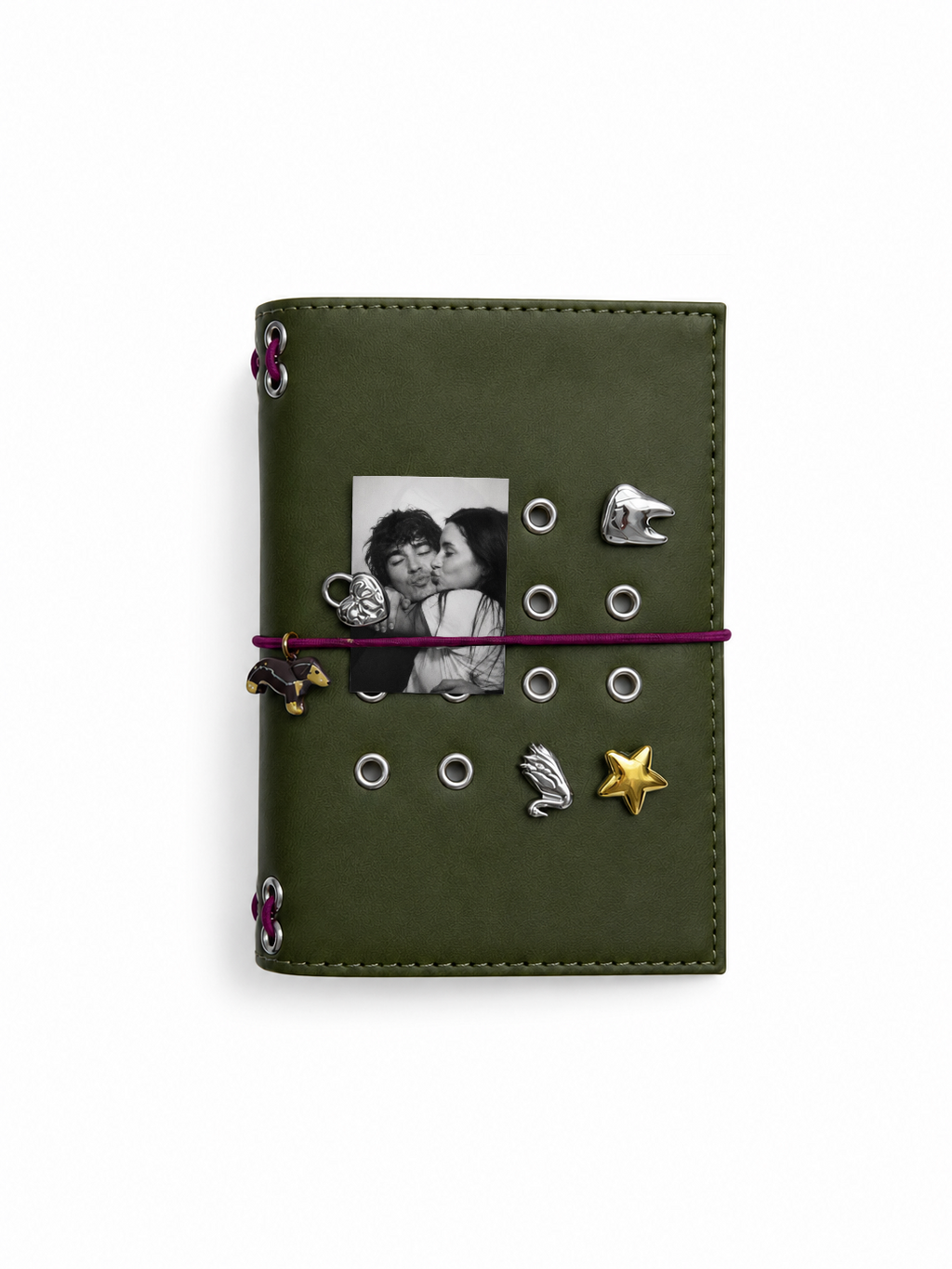 Olive pocket journal displayed upright with a personal photo, burgundy elastic band, dachshund charm, and removable cover charms