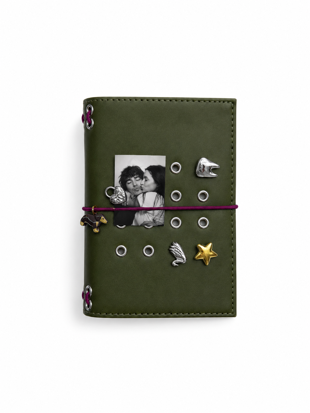 Olive pocket journal displayed upright with a personal photo, burgundy elastic band, dachshund charm, and removable cover charms