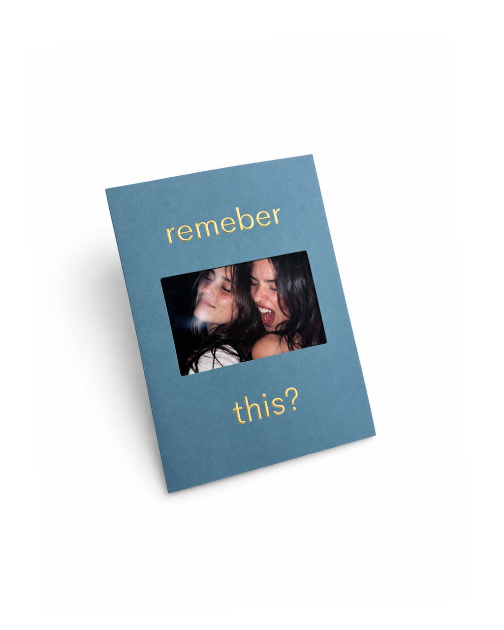 Blue KEPT photo keepsake card with gold foil text reading “remember this?” and a personal photo in the center.