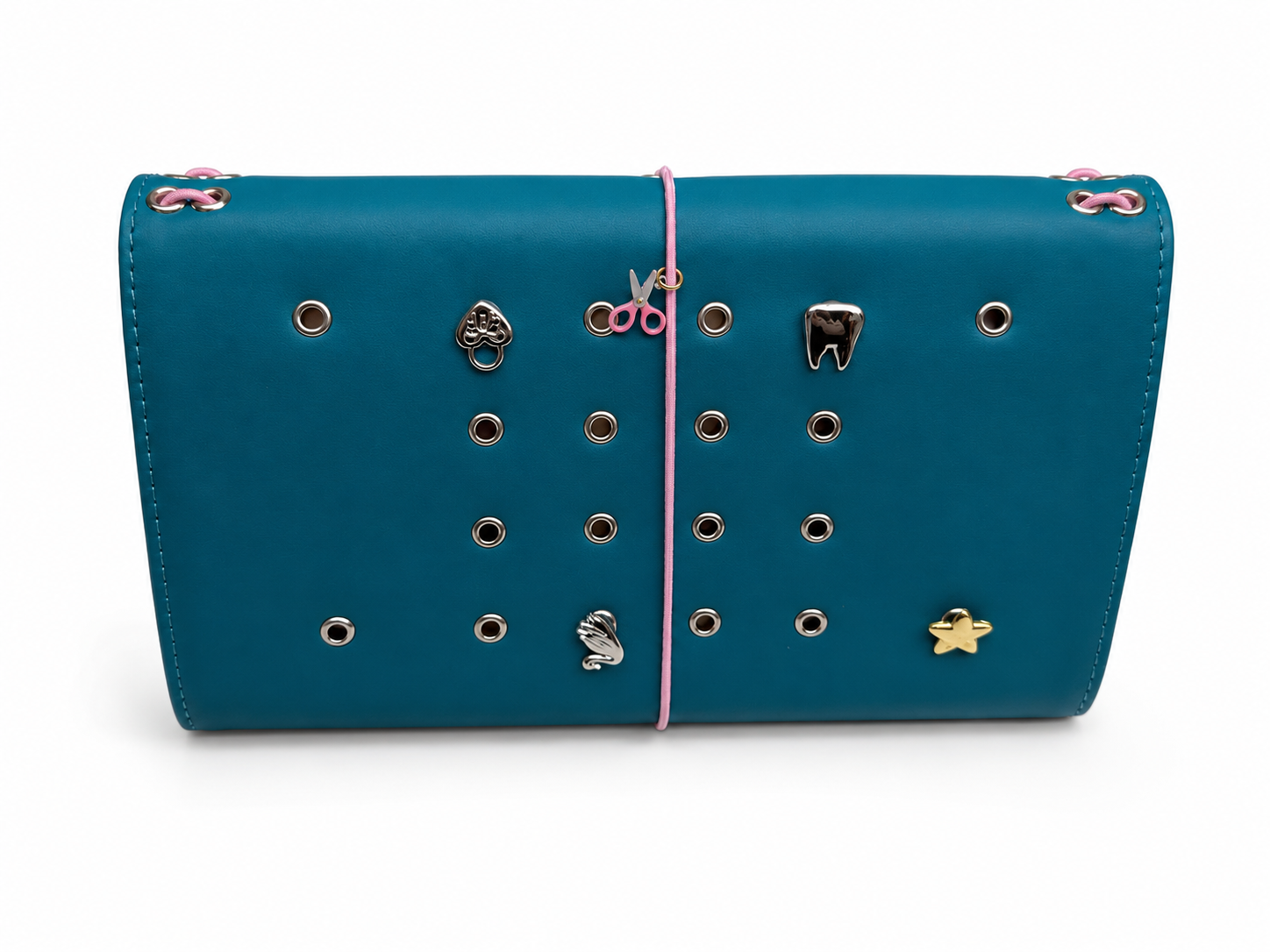 Open Teal Full Size Journal showing its textured PU cover, metal eyelets, blush-pink elastic band, pink scissors charm, and removable KEPT cover charms.
