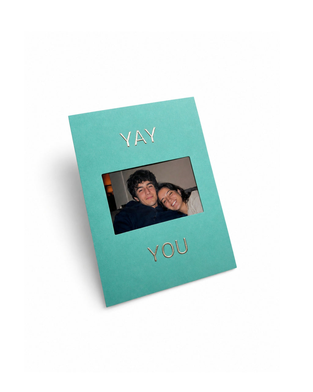 Teal KEPT photo keepsake card with gold foil text reading “YAY YOU,” featuring a personal photo in the center.